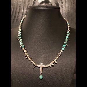 Sterling Silver Nugget & Turquoise Cross Necklace